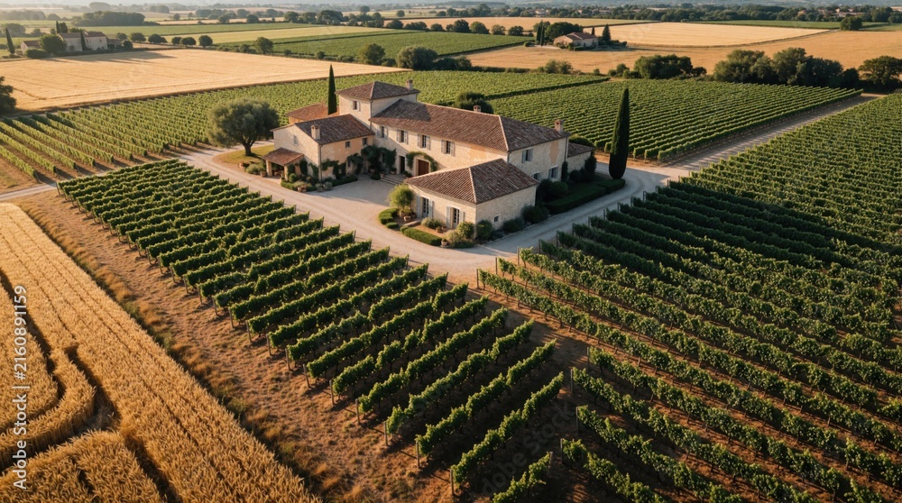 Naklejka premium Aerial view of luxury vineyard estate in French countryside. Large stone villa surrounded by green grape rows, golden wheat fields. Scenic landscape with traditional architecture, agriculture land