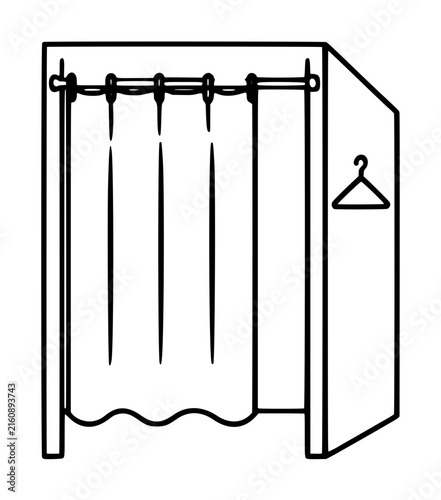 Hand-traced vector icon illustration of a fitting room with curtain and clothes hanger, retail store shopping minimalist black outline design for commercial use