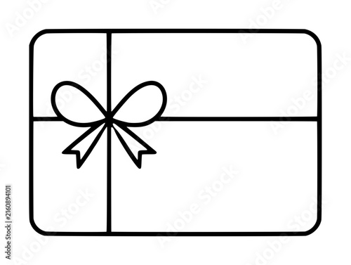 Hand drawn gift card icon outline, minimalist line art vector illustration of a wrapped present with decorative bow and ribbon, perfect for celebration, shopping, and reward designs