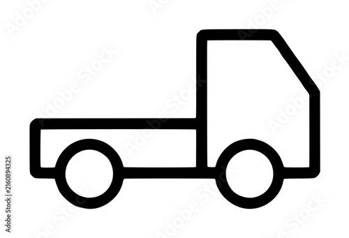 Hand-traced vector icon illustration of a flatbed truck with bold clean line art, featuring an open cargo bed, two wheels, and a compact cab silhouette. Ideal monochrome outline graphic for
