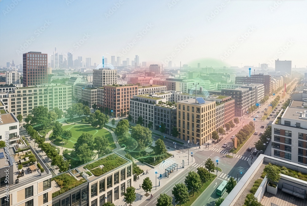 Obraz premium Smart city district with air quality sensors, green spaces and environmental data visualization representing urban health and intelligent pollution monitoring.
