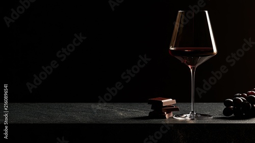 Elegant glass of dark red wine with chocolate pieces and grapes
