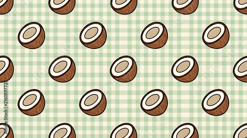 Seamless pattern with hand drawn coconut halves on a light green checkered background for summer tropical design