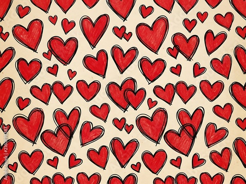 Seamless pattern of hand drawn red hearts on a light beige background for romantic design projects