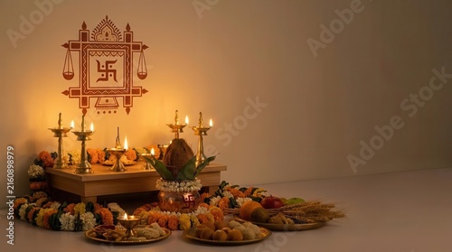 Traditional Hindu festival worship setup with oil lamps and sacred wall art