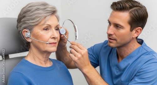 Audiologist fitting hearing aids on an elderly woman, modern medical equipment, healthcare consultation for hearing loss