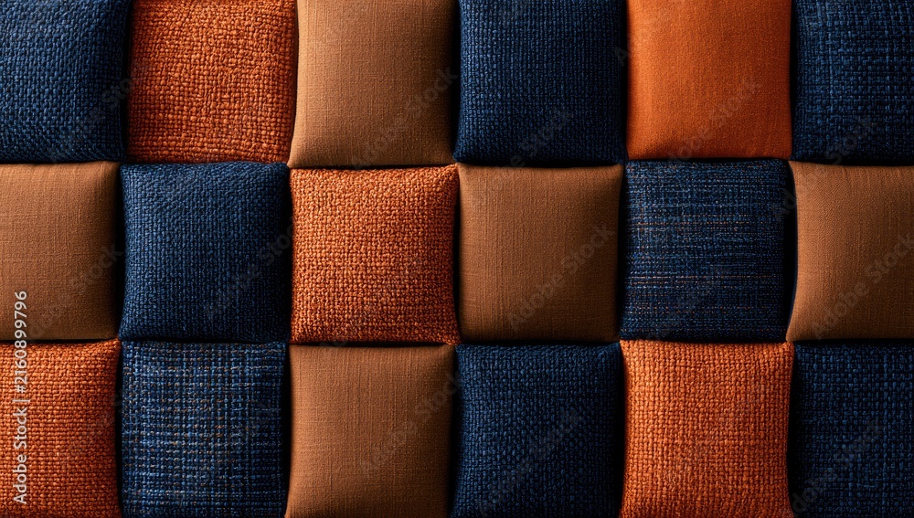 Naklejka premium Geometric quilted fabric panels in warm earth and deep blue tones