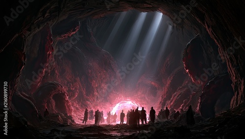 Ethereal cave chamber illuminated by glowing orb and shafts of light