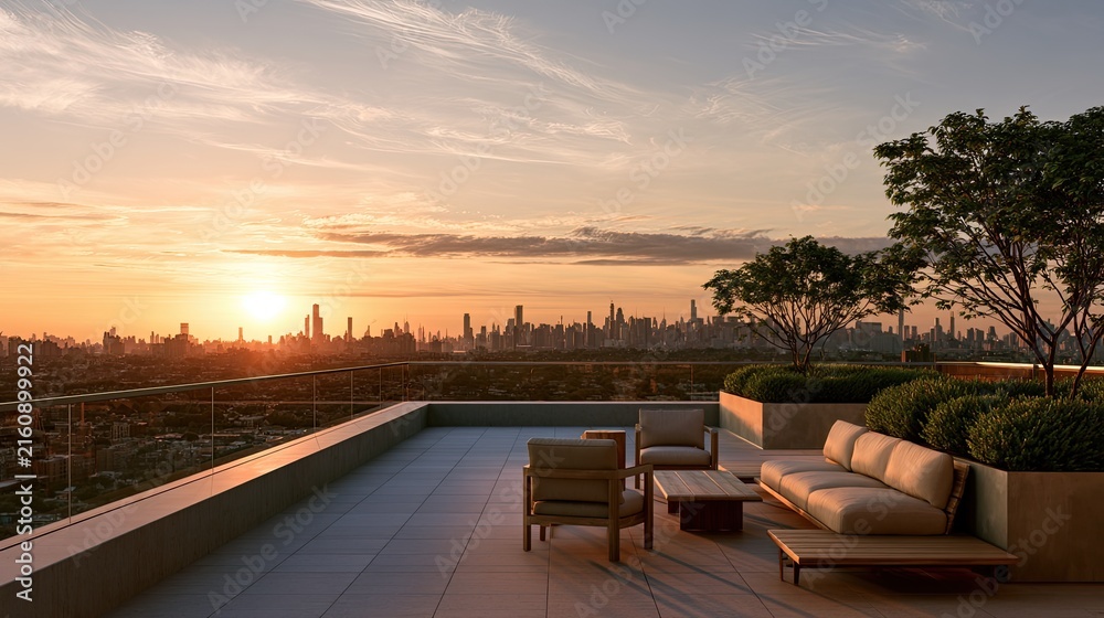 Fototapeta premium Rooftop terrace with city skyline at sunset, featuring modern furniture and landscaping