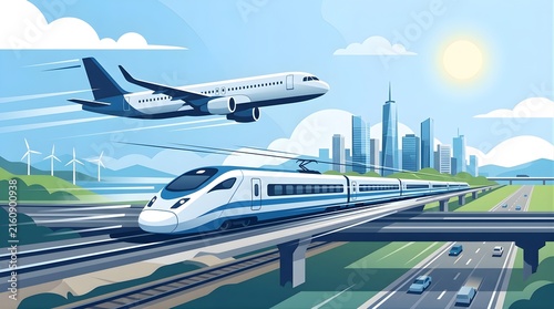 Airplane and high-speed train traveling towards a modern city skyline