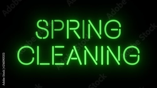 Natural Green Neon Logo 'SPRING CLEANING' with Continuous Loop and Clear Background, Perfect for Home and Interior Vlogs