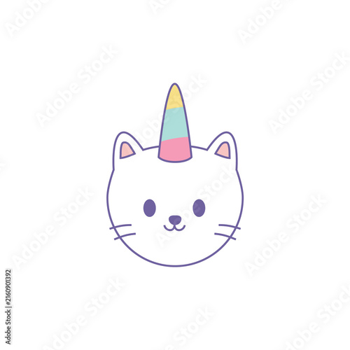 Cute Kawaii Caticorn Cat Unicorn Face Pastel Line Art Icon.

