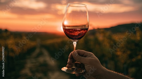 Hand holding glass of red wine against sunset vineyard backdrop