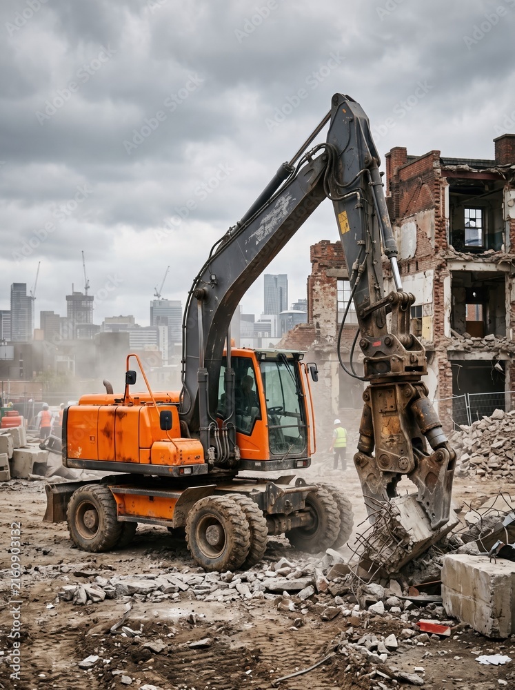 Fototapeta premium Heavy excavator with hydraulic demolition shear dismantles a brick building at a construction site with city skyline behind.