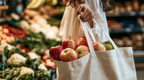 Woman holding a reusable cotton shopping bag full of fresh apples in a grocery store. Ideal for healthy eating and sustainable lifestyle campaigns.