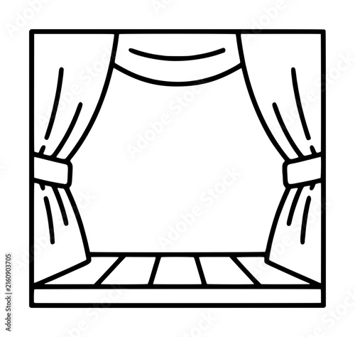 Hand-drawn black and white vector illustration of an empty theater stage with draped curtains, swag valance, wooden plank floorboards, and decorative tiebacks. Minimalist line art icon for