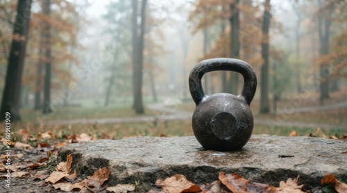 A single iron kettlebell rests on a large flat stone in an autumn forest, surrounded by fallen leaves and a foggy background