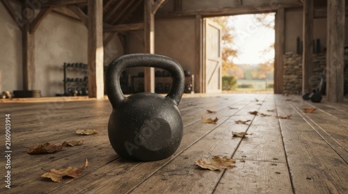 A single cast iron kettlebell rests on wooden floorboards in a rustic barn gym setting, with fallen autumn leaves scattered around it