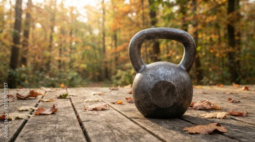 A heavy metal kettlebell sits on a rustic wooden table surrounded by scattered autumn leaves in a peaceful forest setting