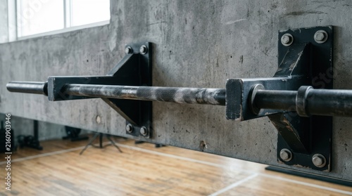 A closeup shot of a heavyduty wallmounted pullup bar securely attached to a raw concrete wall in a gym