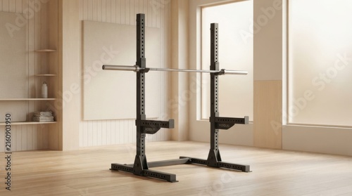 A black squat rack with a barbell resting on it, set up on a wooden floor in a brightly lit room