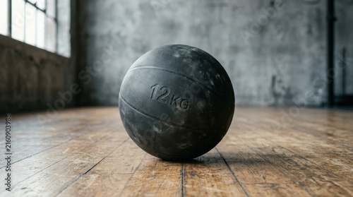 A black 12 kg medicine ball rests on a worn wooden floor in an industrialstyle gym setting