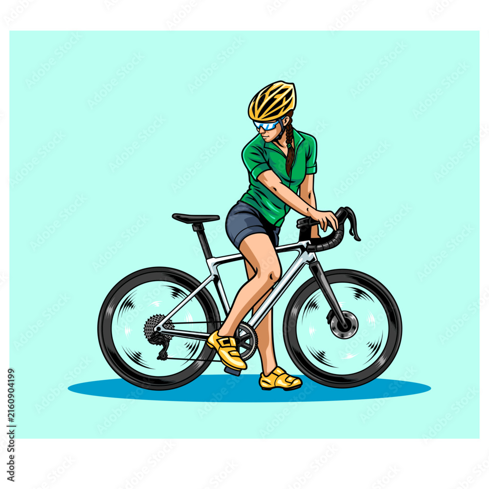 Obraz premium Hand drawn vector illustration of a female cyclist in green jersey standing proudly beside her road bike