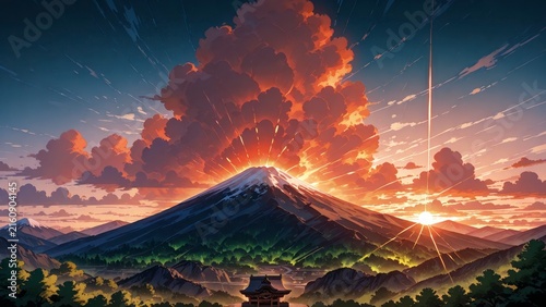 Mount Fuji peak with vibrant sunset clouds and traditional temple view