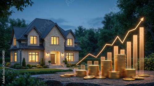 Luxury house at night with glowing financial growth chart and stacks of coins, representing real estate investment, property value and financial growth