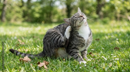 Fototapeta kuchenna Tabby Cat Scratching Itch in Green Grass Outdoors.