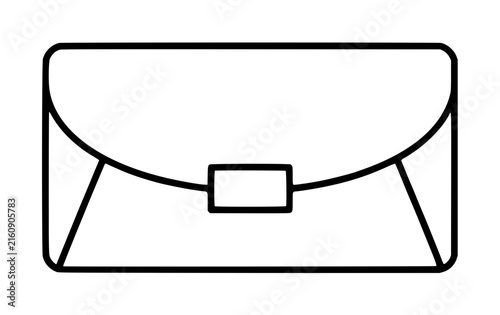 Hand drawn black outline vector illustration icon of a classic clutch purse envelope handbag featuring a rectangular buckle clasp on curved flap minimalist line art design for fashion and accessory