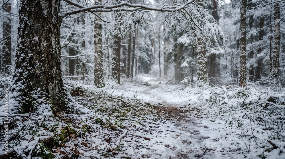 Naklejka premium Snowy forest floor and tree trunks in winter