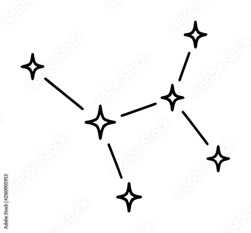 Hand drawn constellation vector icon illustration with twinkling four point stars connected by thin lines forming an abstract celestial pattern on white background minimalist line art style