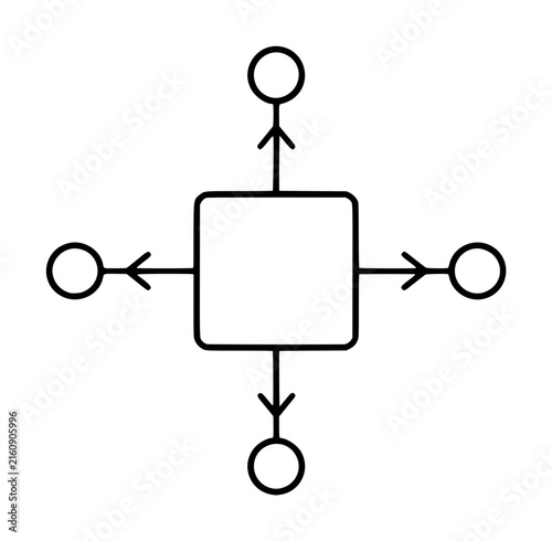 Hand-traced vector icon illustration depicting a central square hub with directional arrows extending outward to four circle nodes, representing branching network topology and distribution diagram
