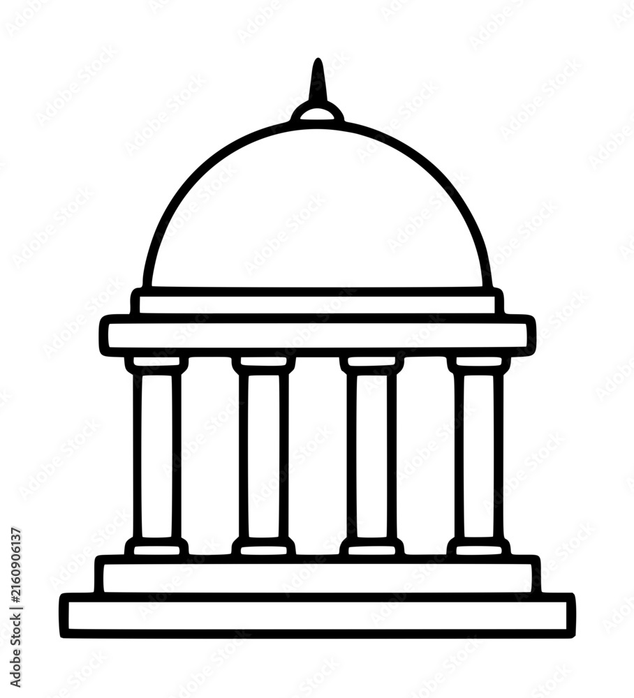 Obraz premium Hand-drawn vector icon illustration of a courthouse dome with classical columns, minimalist line art depicting government architecture and judicial building design