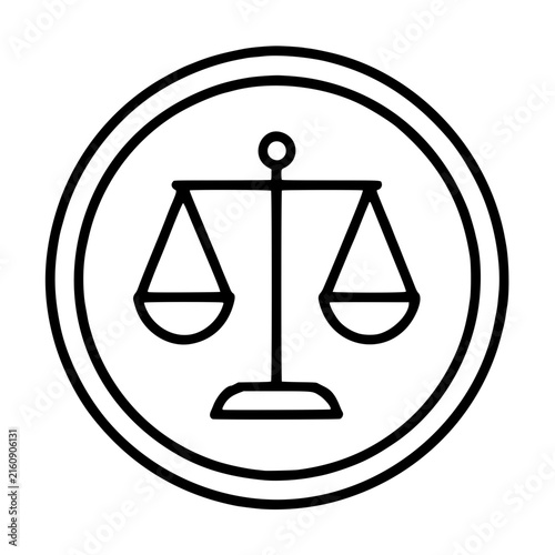Minimal black line vector icon of balanced courtroom scales enclosed within a bold circular seal, symbolizing justice, law, equality, and legal authority