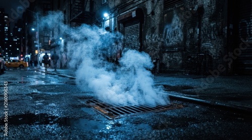 Mysterious Smoke Rising from Manhole on City Street