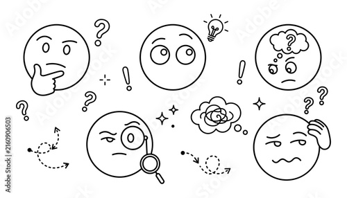 Thinking and Confused Emoji Icon Set with Question Marks, Lightbulb Idea, Magnifying Glass, and Problem Solving Character Line Art Vector Graphics