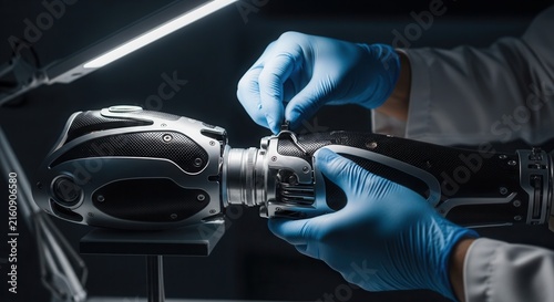 Close-up of a technician wearing blue gloves assembling a complex, futuristic prosthetic arm in a laboratory setting.