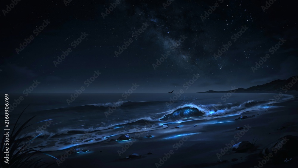 Naklejka premium Bioluminescent waves crashing onto dark sandy shoreline under glowing milky way galaxy night sky with landscape night with serene coastal landscape