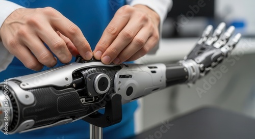 Close-up of hands assembling a high-tech robotic prosthetic arm with intricate details and advanced technology.
