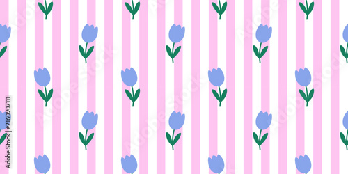 Cute seamless tulip pattern with blue flowers and pink vertical stripes. Minimal spring floral background in a playful retro style.