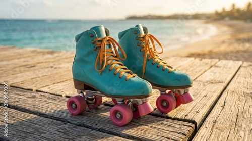 Turquoise quad roller skates with orange laces standing on a wooden pier near the ocean