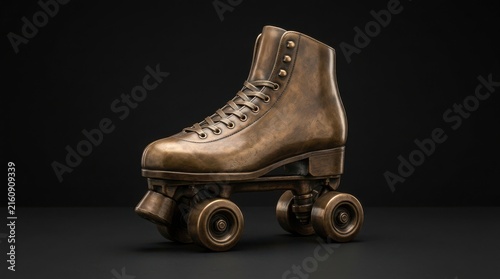 A single bronze or copper metallic vintage quad roller skate statue against a dark background