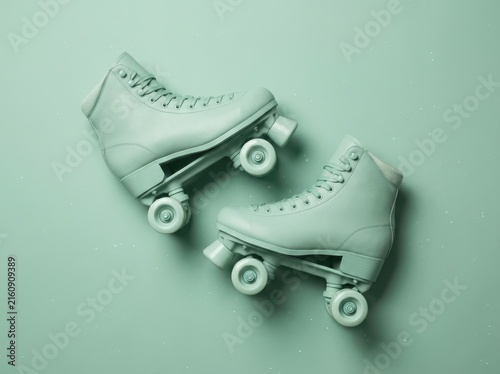 A pair of mint green quad roller skates positioned diagonally on a matching pastel green background