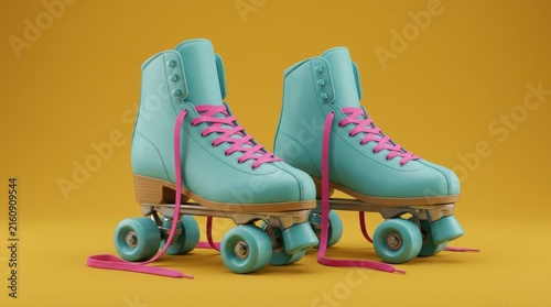 Pair of mint green roller skates with bright pink laces and wheels standing on a yellow background