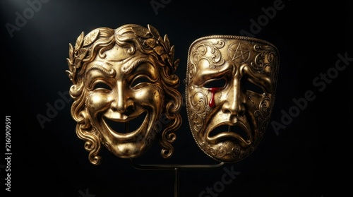 Golden Theater Masks on Dark Background