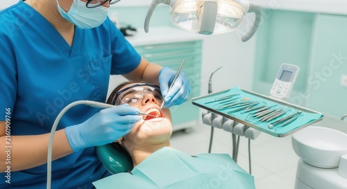 Dentist performing dental examination on patient with drill and instruments in modern clinic.