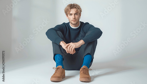  A young blond man in a navy sweater and trousers sits on the floor in a relaxed pose, showing bright blue socks and brown suede sneakers against a white background.