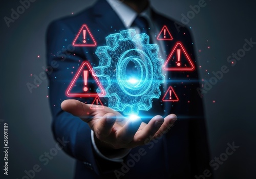 Businessman Holding Futuristic Glowing Gear with Warning Signs.